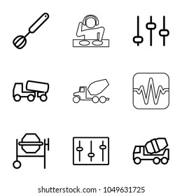 Mixer icons. set of 9 editable outline mixer icons such as concrete mixer, adjust, sliders, corolla, dj