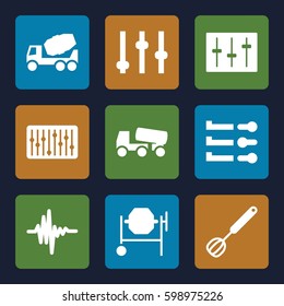 mixer icons set. Set of 9 mixer filled icons such as concrete mixer, sliders, slider, music equalizer, etc.