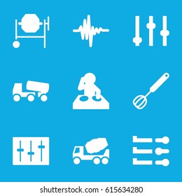 Mixer icons set. set of 9 mixer filled icons such as concrete mixer, sliders, music equalizer, corolla, dj, adjust