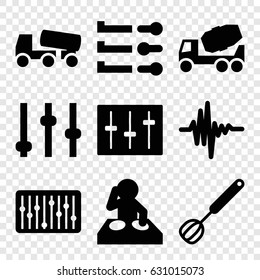 Mixer icons set. set of 9 mixer filled icons such as concrete mixer, sliders, slider, music equalizer, dj