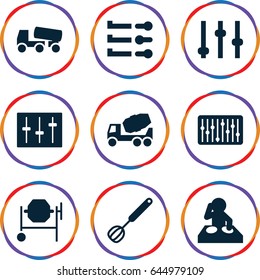 Mixer icons set. set of 9 mixer filled icons such as concrete mixer, sliders, slider, corolla, dj
