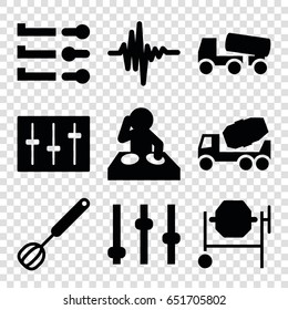 Mixer icons set. set of 9 mixer filled icons such as concrete mixer, sliders, music equalizer, corolla, dj, adjust