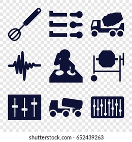 Mixer icons set. set of 9 mixer filled icons such as concrete mixer, sliders, slider, music equalizer, corolla