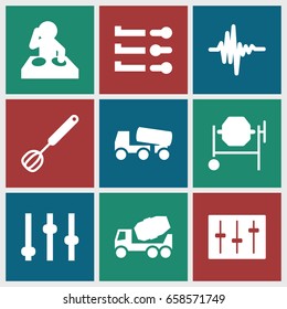 Mixer icons set. set of 9 mixer filled icons such as concrete mixer, sliders, music equalizer, corolla, dj, adjust