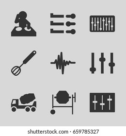 Mixer icons set. set of 9 mixer filled icons such as concrete mixer, sliders, slider, music equalizer, corolla, dj