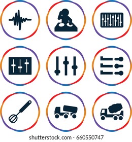 Mixer icons set. set of 9 mixer filled icons such as concrete mixer, sliders, slider, music equalizer, corolla, dj