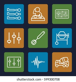 mixer icons set. Set of 9 mixer outline icons such as concrete mixer, sliders, slider, music equalizer, corolla, adjust