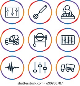 Mixer icons set. set of 9 mixer outline icons such as concrete mixer, sliders, slider, music equalizer, corolla, adjust