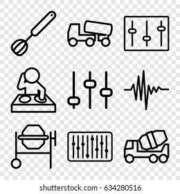Mixer icons set. set of 9 mixer outline icons such as concrete mixer, sliders, slider, music equalizer, corolla, adjust