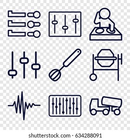 Mixer icons set. set of 9 mixer outline icons such as concrete mixer, sliders, slider, music equalizer, corolla, adjust