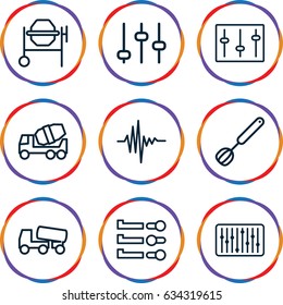 Mixer icons set. set of 9 mixer outline icons such as concrete mixer, sliders, slider, music equalizer, corolla