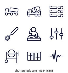 Mixer icons set. set of 9 mixer outline icons such as concrete mixer, slider, music equalizer, corolla, adjust