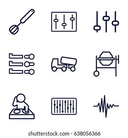 Mixer icons set. set of 9 mixer outline icons such as concrete mixer, sliders, slider, music equalizer, corolla, adjust