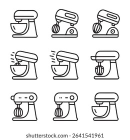 Mixer and Kitchen Blender Icons Set. Vector Illustration of Stand Mixers in Outline Style
