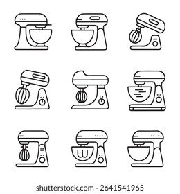 Mixer and Kitchen Blender Icons Set. Vector Illustration of Stand Mixers in Outline Style
