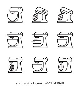 Mixer and Kitchen Blender Icons Set. Vector Illustration of Stand Mixers in Outline Style
