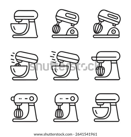 Mixer and Kitchen Blender Icons Set. Vector Illustration of Stand Mixers in Outline Style
