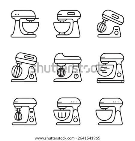 Mixer and Kitchen Blender Icons Set. Vector Illustration of Stand Mixers in Outline Style
