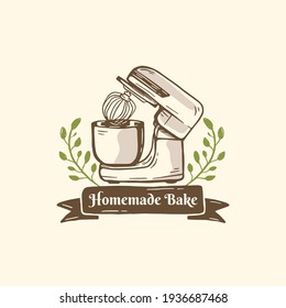 mixer logo bakery baking with leaves ornament in hand drawn illustration style