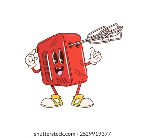 Mixer retro groovy kitchenware and utensil character. Isolated cartoon vector red hand mixer appliance personage standing with a big smile, ready for enthusiastic cooking and mixing on the kitchen