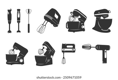 Silhuetas de misturador, Silhueta de misturador elétrico de cozinha, Conjunto de vetor de misturador. 
