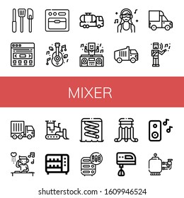 mixer simple icons set. Contains such icons as Kitchen tools, Slider, Oven, Music, Tank truck, DJ, Garbage truck, Cargo truck, Musical, Bulldozer, can be used for web, mobile and logo