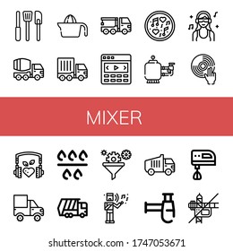 einfache Mix-Icons gesetzt. Enthält solche Icons wie Küchenwerkzeuge, Betonmischer, Juicer, Cargo LKW, Kranwagen, Slider, Musik, Filter, DJ, kann für Web, mobil und Logo verwendet werden
