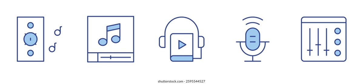 mixer, speaker, audio file, audio book, podcast. Audio Icon vector illustration. Line Duotone style. Editable stroke.