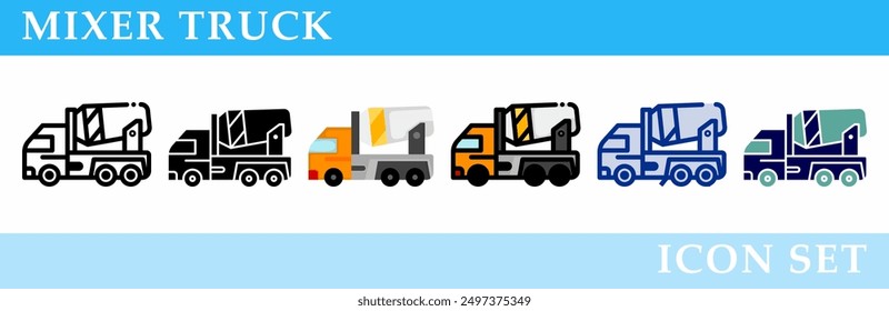 Mixer truck icons set. 6 Various styles. For sign, symbol, element, presentation, infographic or web graphics. Vector Illustration.