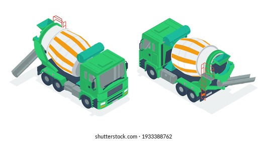 Сoncrete mixer truck. Isometric 3d vector illustration in flat style on a white background. Front view and back view. 