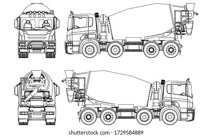 Mixer Truck Outline Vector. Special Machines For The Building Work.