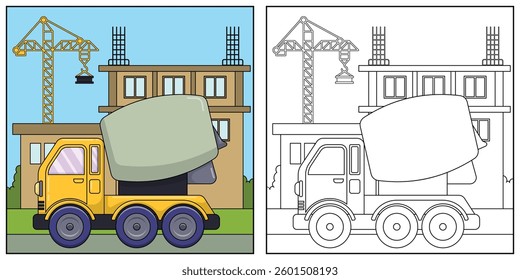 Mixer truck, transportation, vehicle, outline coloring book for kids
