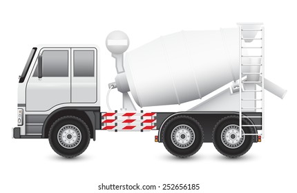 Mixer truck vector design isolated on white background. Consist of vehicle, machine equipment, mixing drum tank. For mix, pour, transport or delivery ready mix concrete material to construction site.