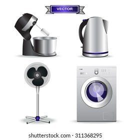 Mixer, washing machine, kettle and a fan isolated on white background. Vector illustration. Teapot, ventilator.