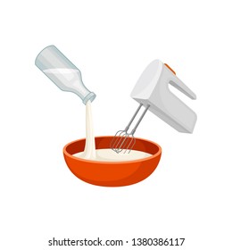 Mixer whisk the milk into the cup. Vector illustration.