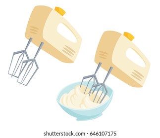 Mixer or whisk whipped cream. Bakery process vector illustration. Kitchenware, cooking utensil isolated on white