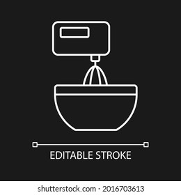 Mixer white linear icon for dark theme. Beating mixture in cooking instruction. Food preparation. Thin line customizable illustration. Isolated vector contour symbol for night mode. Editable stroke
