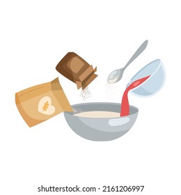 Mixes ingredients. Process of cooking cake or pie cartoon illustration. Adding ingredients in bowl step by step. Preparation concept