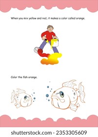 Mixing basic colors worksheet for kids. Red and yellow make orange color. Color mixing worksheet