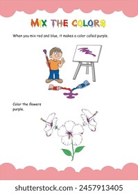 Mixing basic colors worksheet for kids. Blue and red make purple color. Color mixing worksheet