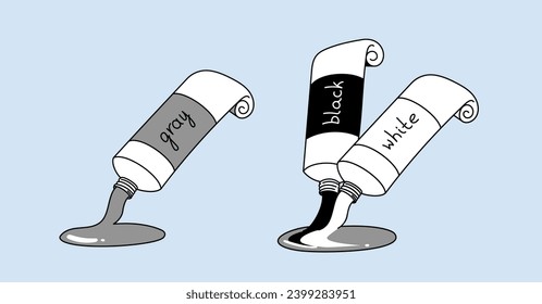 Mixing black and white paint produces grey. Tubes of paint and color names in English. Illustration for beginners or learners of English