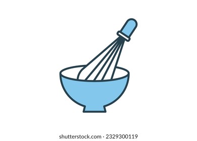 Mixing bowl icon with whisk. icon related to element of bakery, Cook, kitchen. Flat line icon style design. Simple vector design editable