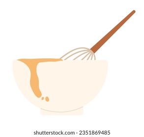 Mixing bowl with whisk. Mixing ingredients, cooking bakery bowl vector illustration