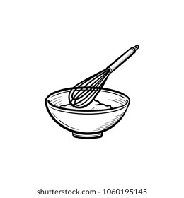 Mixing bowl with a wire whisk hand drawn outline doodle icon. Kitchen utensil - whisk and bowl vector sketch illustration for print, web, mobile and infographics isolated on white background.