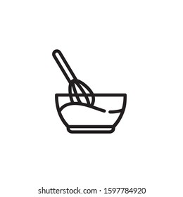 Mixing bowl with wire whisk thin line icon. Egg beater, bakery, food preparation isolated outline sign. Cooking concept. Vector illustration symbol element for web design and apps