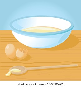 Mixing Bowl With Wooden Spoon, Batter And Eggs.