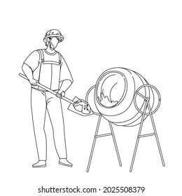 Mixing Cement Construction Worker In Tool Black Line Pencil Drawing Vector. Builder Filling Cement With Shovel In Mixer, Working Prepare Concrete In Building Equipment. Professional Illustration