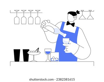 Mixing cocktail ingredients abstract concept vector illustration. Bartender adds ingredients to cocktail shaker, restaurant business, horeca industry, mixing process abstract metaphor.