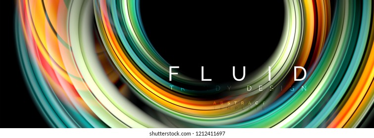 Mixing color waves on black, liquid flowing shapes, vector fluid trendy design