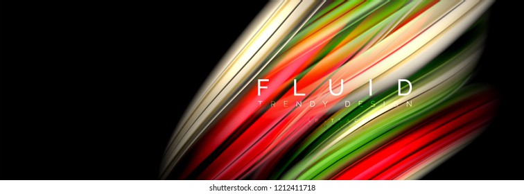 Mixing color waves on black, liquid flowing shapes, vector fluid trendy design